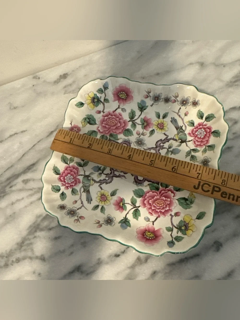 Vintage old Foley chinese rose Floral Bird Ceramic Plate - Pink & Green